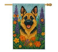 Bandiera floreale da giardino primaverile ed estiva, con cane pastore tedesco, striscione decorativo per esterni, bandiera su entrambi i lati, decorazione per giardino, feste, feste, prato, 71 x 101
