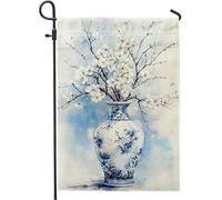 Bandiera floreale da giardino primaverile ed estiva, vaso in ceramica blu con fiori di ciliegio, decorazione per esterni, bandiera da giardino su entrambi i lati, per la decorazione della casa e del
