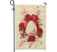 Bandiera floreale da giardino primaverile, elegante design a uovo con rose e nastro, decorazione da esterno in iuta su entrambi i lati per Pasqua e tutte le stagioni, perfetta per la decorazione del