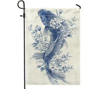 Bandiera floreale da giardino primaverile estate con pesci blu, striscione decorativo retrò per stagni alla carpa, bandiera decorativa per esterni, bandiera da cortile in iuta su entrambi i lati