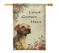 Bandiera floreale da giardino primaverile, motivo cane beige che cresce qui, striscione decorativo per la casa, bandiera in iuta su entrambi i lati, decorazione per prato all'aperto, 71 x 101 cm