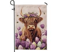 Bandiera floreale da giardino primaverile pasquale, mucca marrone delle Highland con tulipani viola uova, decorazione per la casa bandiere per esterni, bandiera da giardino in iuta su entrambi i lati