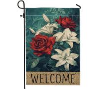 Bandiera floreale da giardino, rose rosse e gigli bianchi, decorazione per esterni primaverile ed estate, bandiera di benvenuto in iuta su entrambi i lati, decorazione per il prato delle vacanze, 30,5