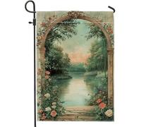 Bandiera floreale estiva da giardino, bandiera decorativa vintage panoramica con vista sull'acqua, design su entrambi i lati, decorazione per esterni, casa, cortile, per feste in giardino, 30,5 x 45,7