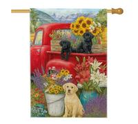 Bandiera floreale estiva da giardino, cuccioli di camion rossi, girasoli, decorazione per esterni, striscione in iuta su entrambi i lati per la decorazione del prato, 71 x 101 cm