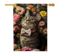 Bandiera floreale primaverile da giardino a forma di gatto, con papillon color pesca, striscione per esterni, in iuta su entrambi i lati, decorazione da giardino per vacanze, 71 x 101 cm