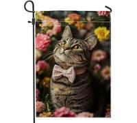 Bandiera floreale primaverile da giardino a forma di gatto, con papillon color pesca, striscione per esterni, in iuta su entrambi i lati, decorazione da giardino per vacanze, 30,5 x 45,7 cm