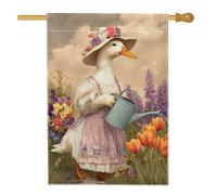 Bandiera floreale primaverile da giardino, anatra pesca con fiori annaffiatoio decorazione per esterni, striscione in iuta su entrambi i lati per prato e decorazione per feste in giardino, 71 x 101 cm