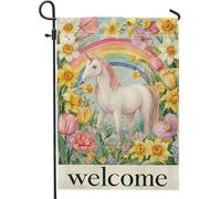Bandiera floreale primaverile da giardino, bandiera di benvenuto arcobaleno con cavallo magico pesca, bandiera di benvenuto su entrambi i lati, in iuta, decorazione per esterni, per feste di festa