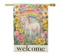 Bandiera floreale primaverile da giardino, bandiera di benvenuto arcobaleno con cavallo magico pesca, bandiera di benvenuto su entrambi i lati, in iuta da cortile, decorazione per esterni, per feste