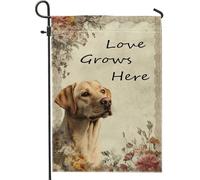 Bandiera floreale primaverile da giardino, beige cane amore cresce qui, striscione decorativo per la casa, bandiera su entrambi i lati in iuta da cortile decorazione per prato esterno 30,5 x 45,7 cm