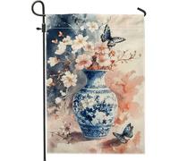 Bandiera floreale primaverile da giardino, blu e bianco, vaso vintage con fiori di ciliegio, farfalla, decorazione per esterni, bandiere da giardino su entrambi i lati per cortile, decorazione per la