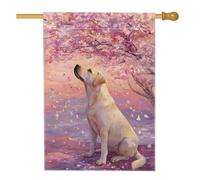 Bandiera floreale primaverile da giardino, cane pesca sotto l'albero di ciliegie in fiore, decorazione per esterni, striscione in iuta su entrambi i lati, decorazione per prato amante degli animali