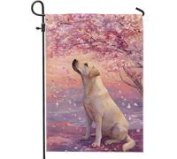 Bandiera floreale primaverile da giardino, cane pesco sotto l'albero di ciliegie in fiore, decorazione per esterni, striscione in iuta su entrambi i lati, decorazione per prato amante degli animali