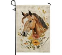 Bandiera floreale primaverile da giardino, cavallo marrone e fiori di campo, decorazione per esterni, striscione in iuta su entrambi i lati, per decorazione da giardino e prato, 30,5 x 45,7 cm