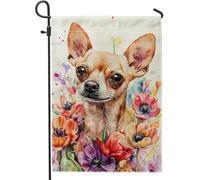 Bandiera floreale primaverile da giardino chihuahua, striscione decorativo per la casa con cuccioli ad acquerello colorato, bandiera a doppia faccia per cortile, decorazione per esterni, vacanze