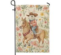Bandiera floreale primaverile da giardino con coniglietto che cavalca un cavallo, beige carino coniglio cowboy, decorazione per esterni, bandiera da cortile su entrambi i lati per la decorazione del
