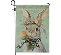 Bandiera floreale primaverile da giardino con coniglietto verde con fiori, decorazione per la casa e il cortile, decorazione per prato esterno in iuta su entrambi i lati, 30,5 x 45,7 cm