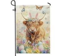 Bandiera floreale primaverile da giardino con mucca, graziosa decorazione marrone con coniglietto di bestiame delle Highland, bandiera pasquale su entrambi i lati, per feste decorative per esterni