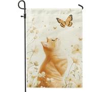 Bandiera floreale primaverile da giardino, gatto arancione farfalla estate decorazione per la casa, bandiera su entrambi i lati in iuta da cortile decorazione per prato esterno 30,5 x 45,7 cm