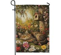 Bandiera floreale primaverile da giardino, gatto colorato che dorme in fiori, striscione da cortile, decorazione su entrambi i lati per la decorazione del prato esterno 30,5 x 45,7 cm