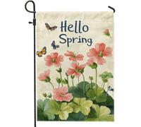 Bandiera floreale primaverile da giardino, gerani di pesca, farfalle, decorazione per esterni, bandiera su entrambi i lati in iuta per prato, decorazione stagionale per la casa, 30,5 x 45,7 cm