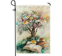 Bandiera floreale primaverile da giardino, libro colorato con albero fiorito e decorazione per esterni, bandiera da giardino in iuta su entrambi i lati per decorazione del prato, 30,5 x 45,7 cm