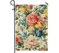 Bandiera floreale primaverile da giardino, peonia colorata e fiore blu, decorazione per esterni, bandiera da cortile in iuta su entrambi i lati per la decorazione del prato, striscione decorativo per