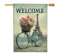 Bandiera floreale primaverile da giardino per bici, tulipani pesca vintage biciclette decorazione per la casa, bandiera bifacciale in iuta da cortile decorazione per esterni 71 x 101 cm