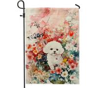 Bandiera floreale primaverile da giardino per cani, bandiera bianca con bichon dipinto, bandiere per la decorazione della casa, bandiera da cortile su entrambi i lati, decorazione per esterni, 30,5 x