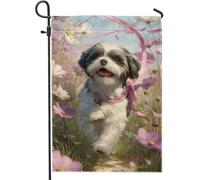 Bandiera floreale primaverile da giardino per cani, fiori di cosmo di pesche, opera d'arte con animali, striscione decorativo per la casa, bandiera in iuta su entrambi i lati, decorazione per prato