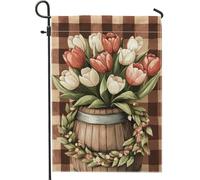 Bandiera floreale primaverile da giardino, tulipani rossi e bianchi in barile, bandiera rustica su entrambi i lati per esterni per prato e decorazione da giardino, 30,5 x 45,7 cm