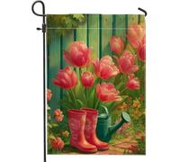 Bandiera floreale primaverile da giardino, tulipani rossi e stivali, decorazione per esterni, striscione in iuta su entrambi i lati per la decorazione del prato, accenti estivi per feste in giardino e