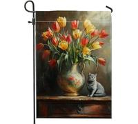 Bandiera floreale primaverile da giardino, tulipani rossi gialli in vaso vintage decorazione per esterni casa cortile striscione vibrante in tessuto su entrambi i lati 30,5 x 45,7 cm