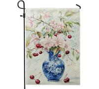 Bandiera floreale primaverile da giardino, vaso di fiori di ciliegio blu, decorazione da cortile, striscione da giardino in iuta su entrambi i lati, per decorazione esterna del prato, 30,5 x 45,7 cm