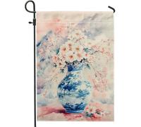 Bandiera floreale primaverile da giardino, vaso in porcellana blu e bianco con fiori di ciliegio, decorazione per la casa e il giardino, decorazione da giardino su entrambi i lati, 30,5 x 45,7 cm