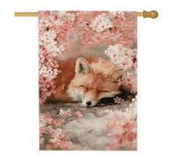 Bandiera floreale primaverile da giardino, volpe pesca che dorme sotto i fiori di ciliegio, decorazione per esterni, bandiera da giardino in iuta su entrambi i lati, per la decorazione della casa e