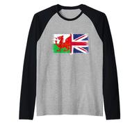Bandiera Gallese e Union Jack per Orgoglio Galles o Wales UK Maglia con Maniche Raglan
