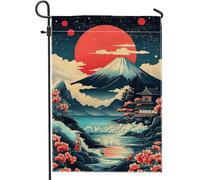Bandiera giapponese da giardino con tramonto sulle montagne, paesaggio con luna rossa, decorazione floreale per esterni, arte su entrambi i lati per la decorazione del prato primaverile e estivo 30,5