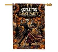 Bandiera gotica con scheletro in maschera, danza, coppia, Halloween, 71 x 101 cm | Gothic Masquerade Theme, Yard Flag, Scheletri danzanti, Sfondo ornato a lume di candela, Zucche di raccolta autunnale
