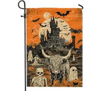 Bandiera gotica da giardino con mucca delle Highland di Halloween, castello arancione, scheletro spettrale, decorazione da giardino, doppia faccia per feste all'aperto decorazione prato 30,5 x 45,7 cm