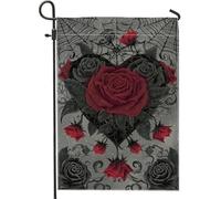 Bandiera gotica da giardino con rose, bandiera floreale rossa e nera, decorazione per la casa, bandiera da giardino in iuta su entrambi i lati, decorazione per Halloween, 30,5 x 45,7 cm