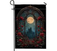 Bandiera gotica da giardino con rose, bandiera floreale rosso scuro per la casa, bandiera da cortile in iuta su entrambi i lati, per Halloween, decorazione per prato all'aperto, 30,5 x 45,7 cm