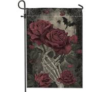 Bandiera gotica da giardino con rose, scheletro floreale rosso scuro, decorazione per la casa, bandiera in iuta su entrambi i lati, decorazione per esterni di Halloween, 30,5 x 45,7 cm