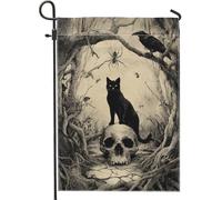 Bandiera gotica da giardino con teschio di gatto, decorazione spettrale per Halloween, decorazione per esterni, striscione in iuta su entrambi i lati per decorazione da cortile, 30,5 x 45,7