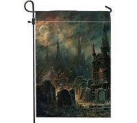Bandiera gotica da giardino del cimitero infestato di Halloween, decorazione per cimitero al chiaro di luna scura, spettrale bandiera da cortile su entrambi i lati per vacanze all'aperto decorazione