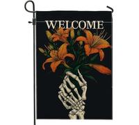 Bandiera gotica da giardino di benvenuto, design con mano di giglio arancione, decorazione esterna su entrambi i lati per Halloween e autunno, bandiera da cortile in iuta per decorazione del prato