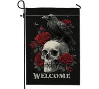 Bandiera gotica da giardino di benvenuto, teschio nero e rose rosse, decorazione per esterni, striscione in iuta su entrambi i lati per decorazione per feste di Halloween, 30,5 x 45,7 cm