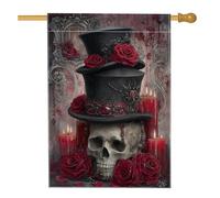 Bandiera gotica da giardino di Halloween, teschio nero, cappello a cilindro con rose rosse, striscione decorativo per la casa, in iuta su entrambi i lati, decorazione per prato all'aperto, 71 x 101 cm