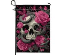 Bandiera gotica da giardino floreale con teschio, rose di pesca, farfalla, decorazione per la casa, decorazione per esterni su entrambi i lati, decorazione per prato all'aperto, festa di Halloween